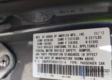 2012 Honda Accord 2.4 Lx z USA, uszkodzony, nr VIN 1HGCP2F35CA120558